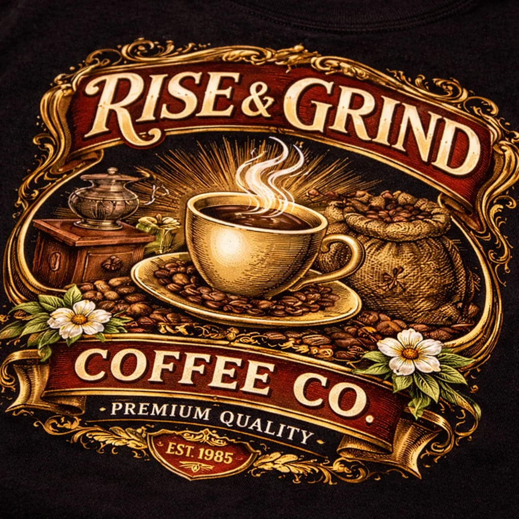Vintage-style coffee company logo with a cup of coffee and beans on a dark background.