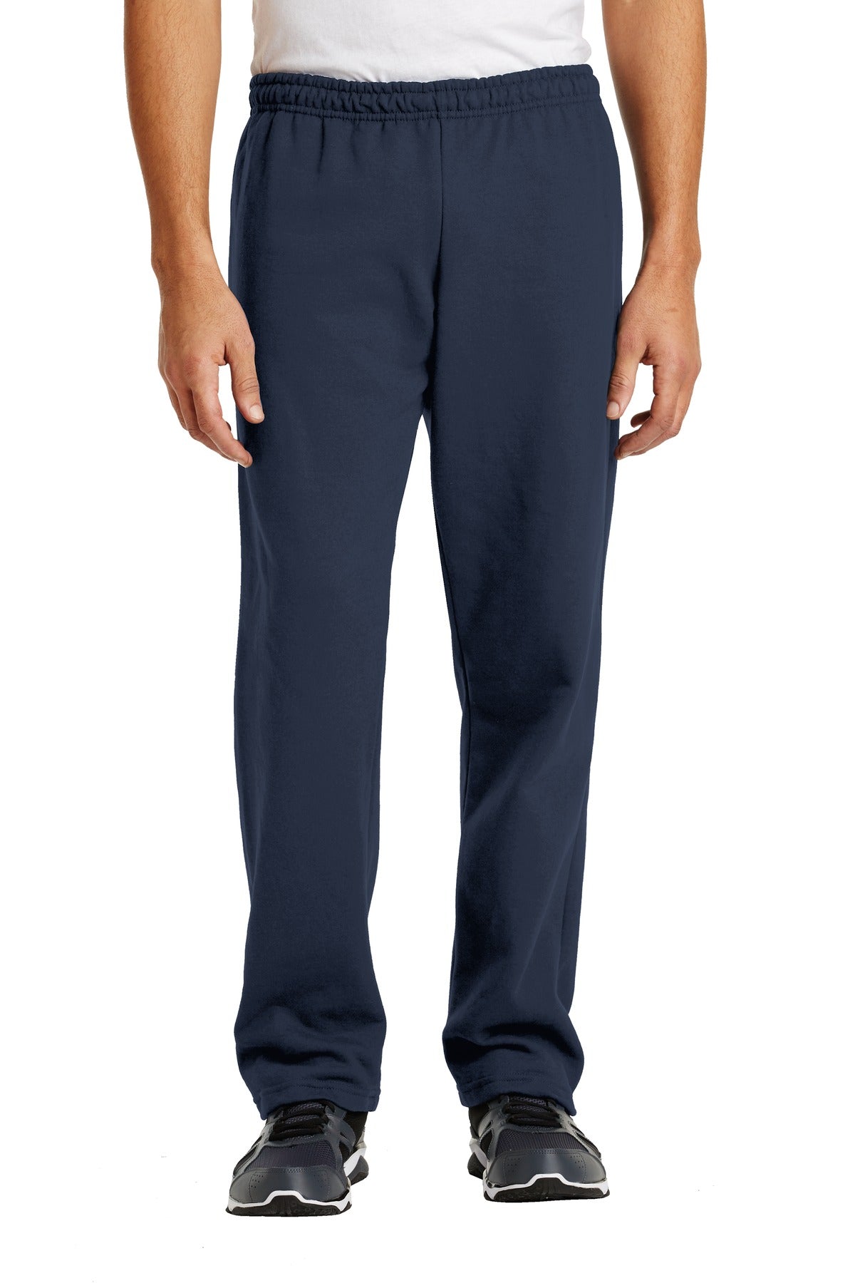Navy blue pants worn by a person on a white background