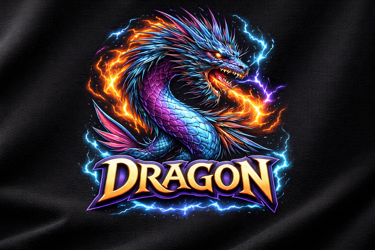 Colorful dragon illustration with the word 'Dragon' on a black background