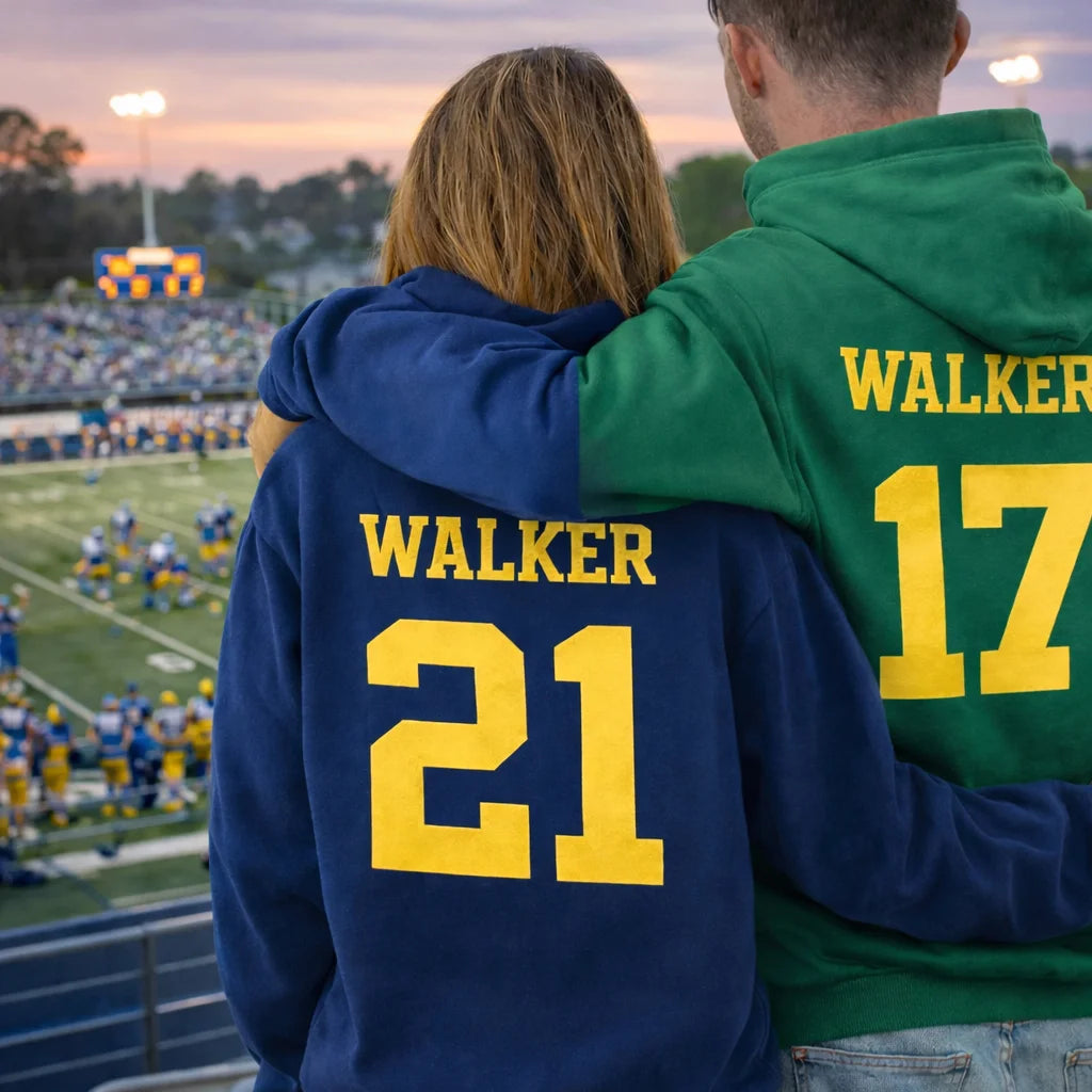 Two people wearing hoodies with 'WALKER' and numbers on a football field background