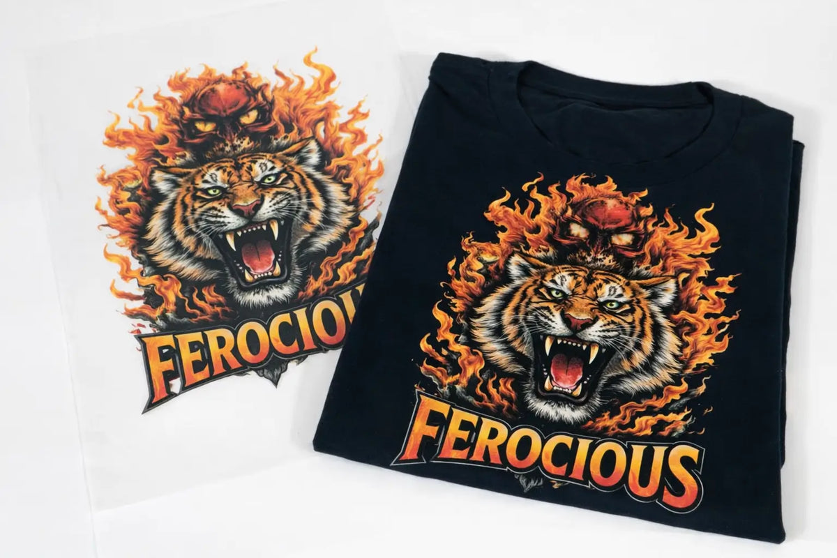 Black t-shirt with a tiger graphic and 'Ferocious' text on a white background