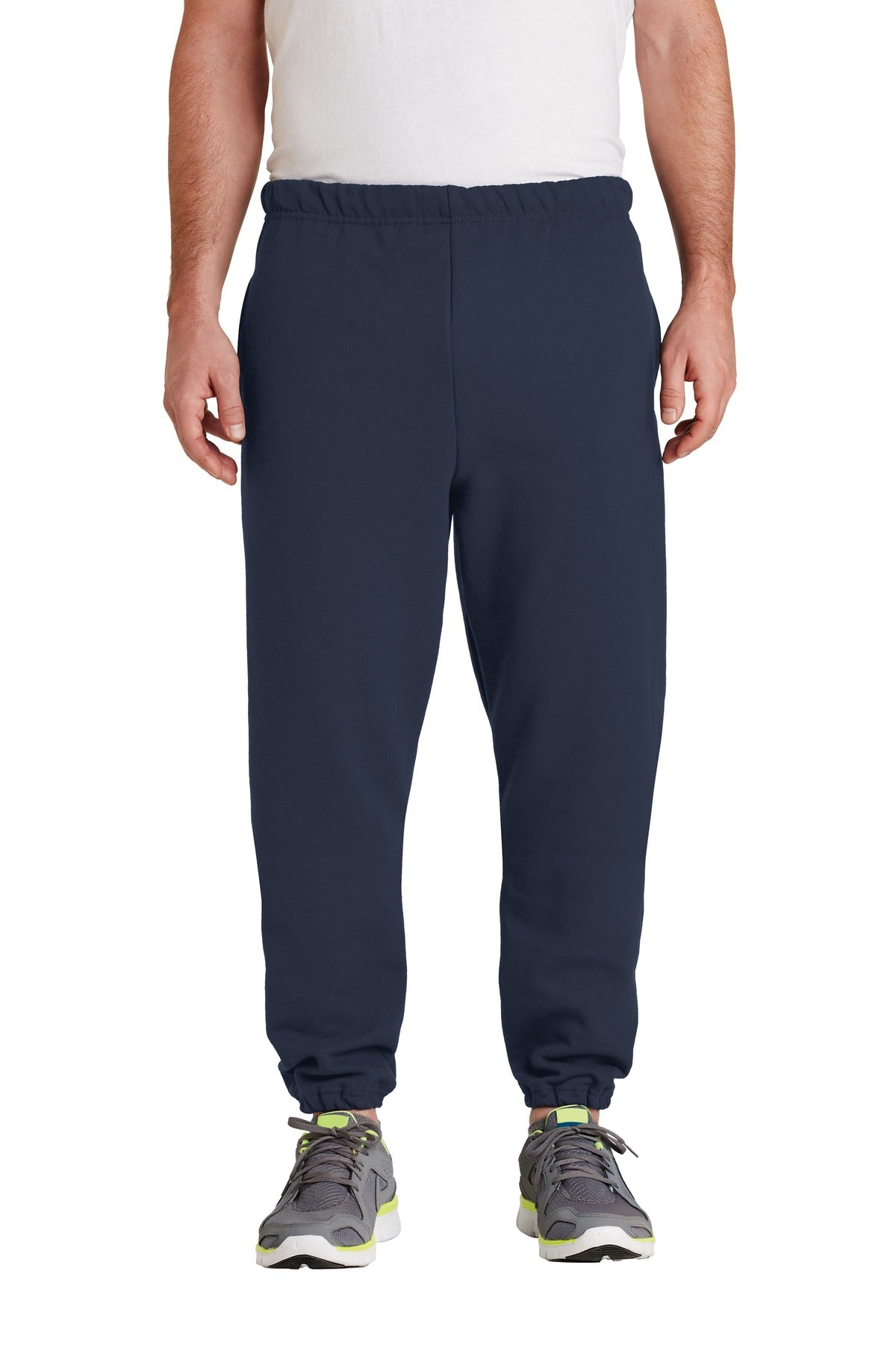 Person wearing navy blue sweatpants on a white background