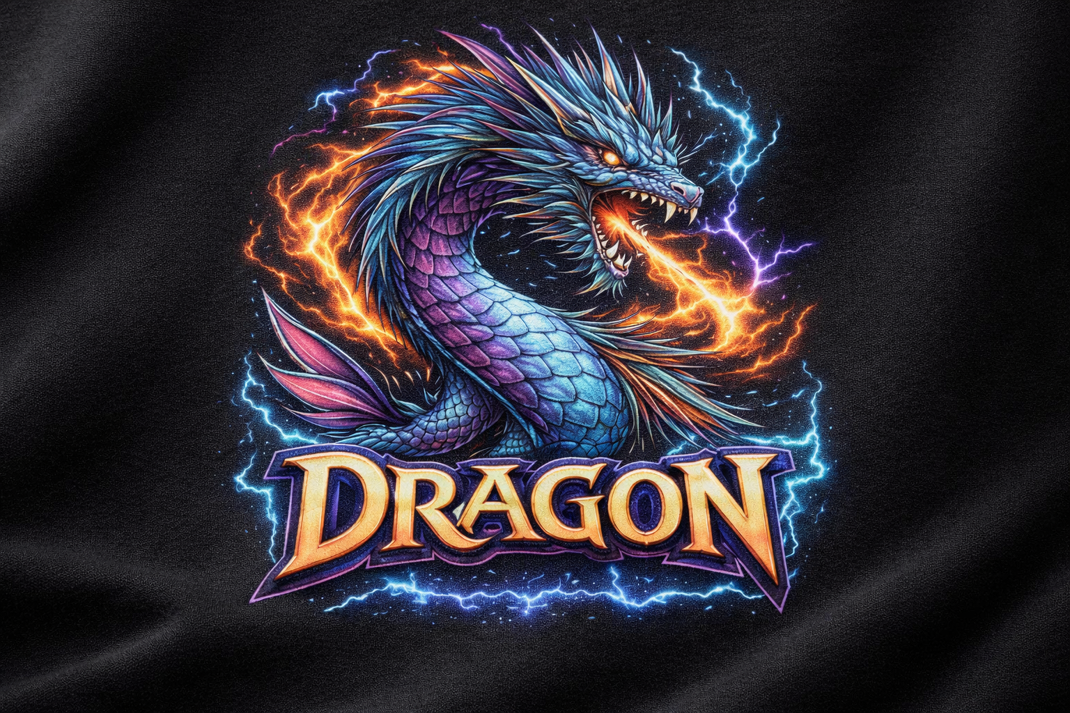 Colorful dragon illustration with the word 'Dragon' on a black background