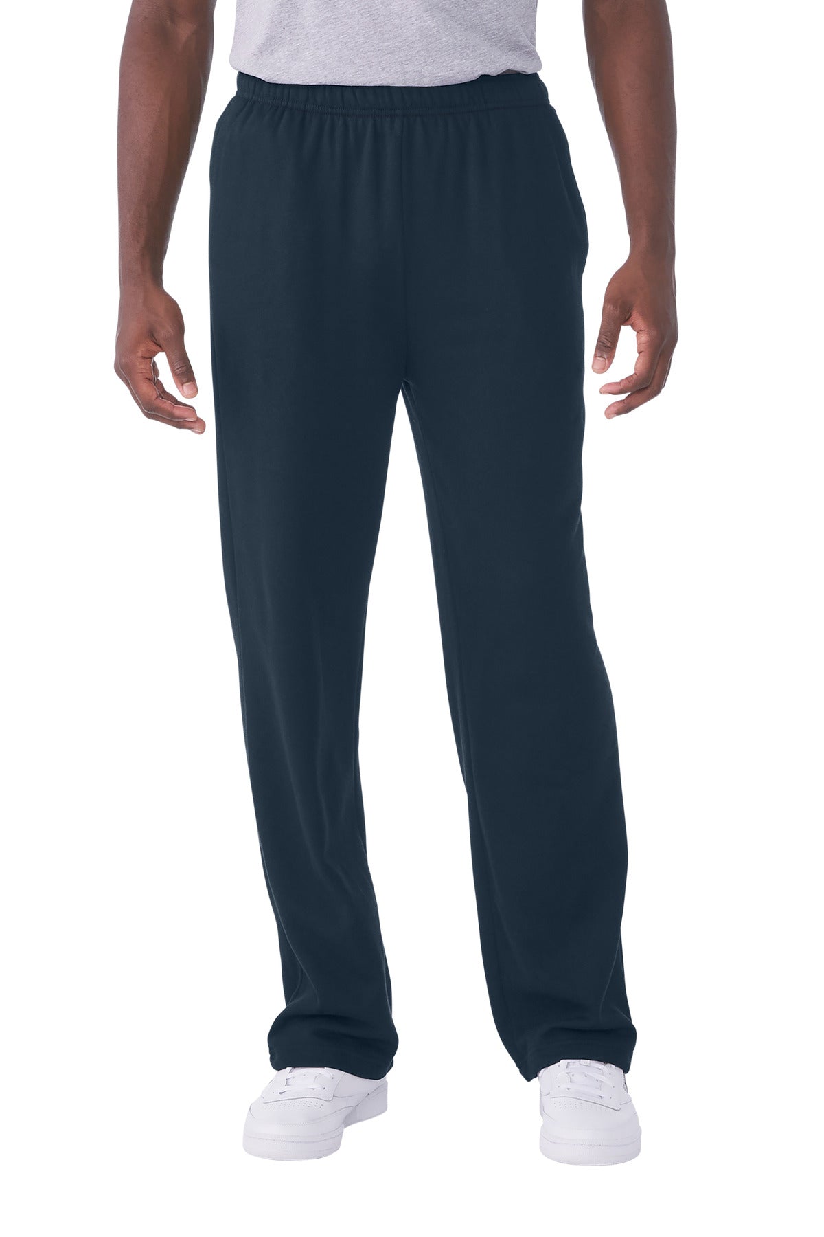 Navy blue sweatpants worn by a person on a white background