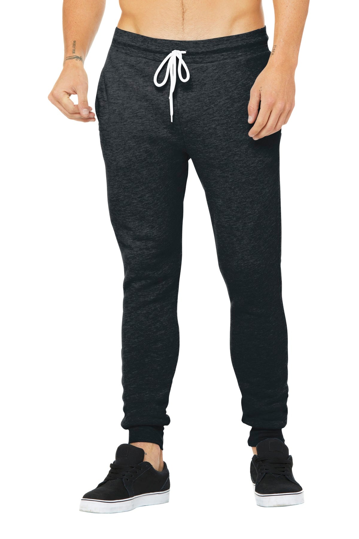 Dark gray jogger pants with white drawstring on a white background