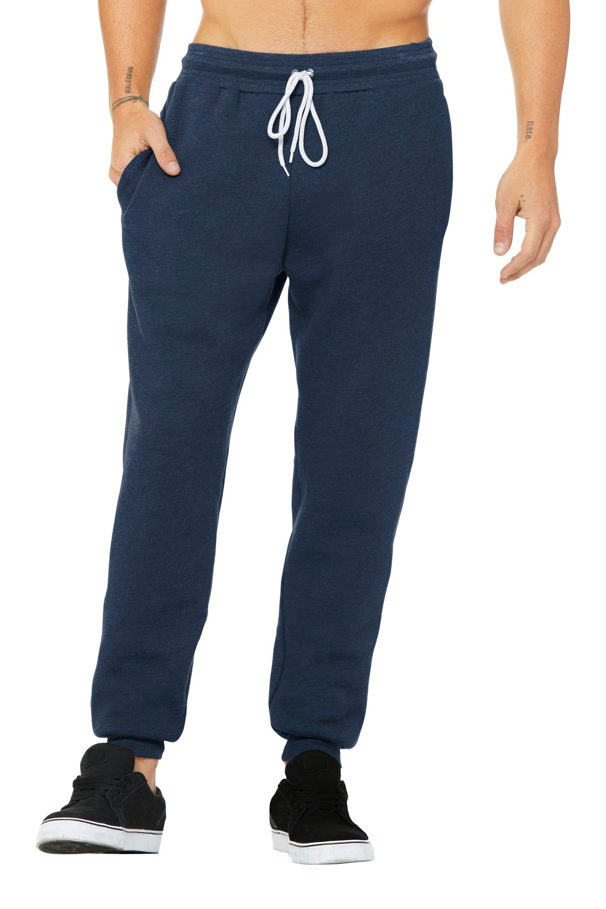 Navy blue sweatpants with a white drawstring on a white background