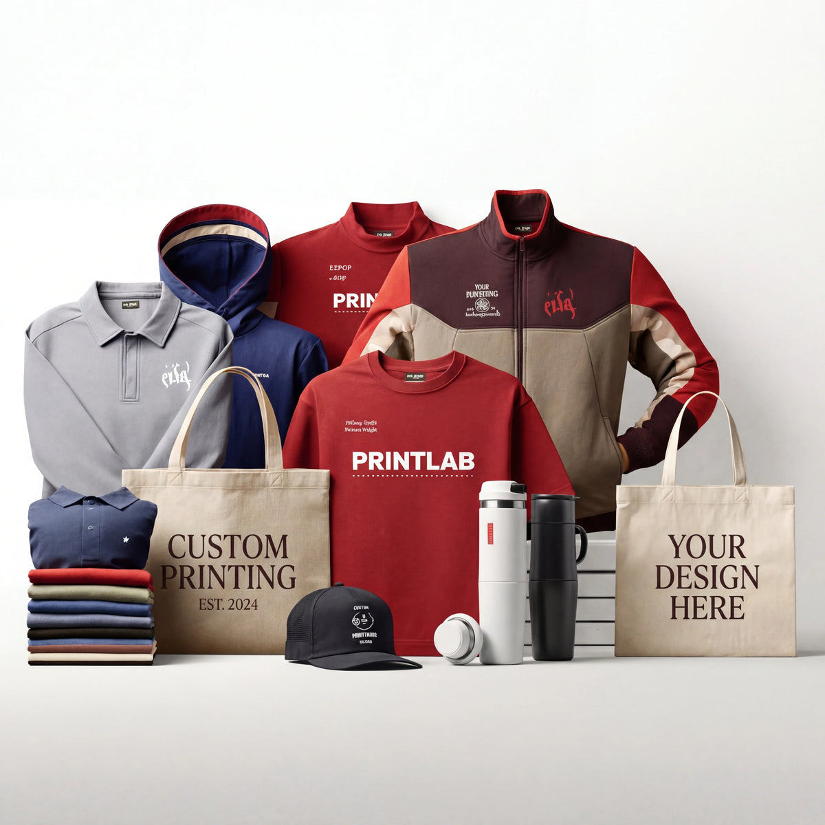 Collection of customizable clothing and accessories with 'Printlab' branding on a white background.