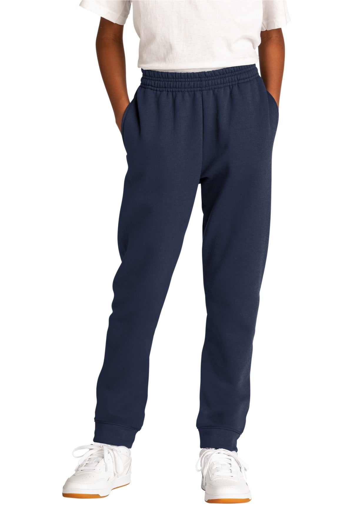 Navy blue sweatpants worn by a person on a white background