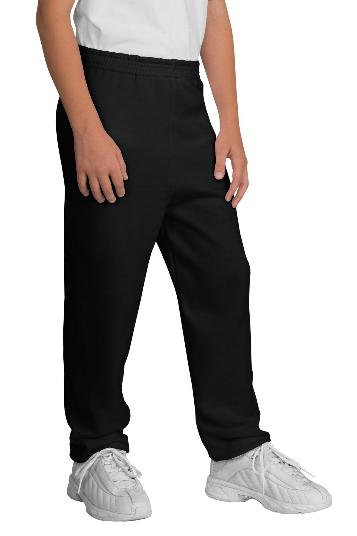 Navy blue pants worn by a person on a white background