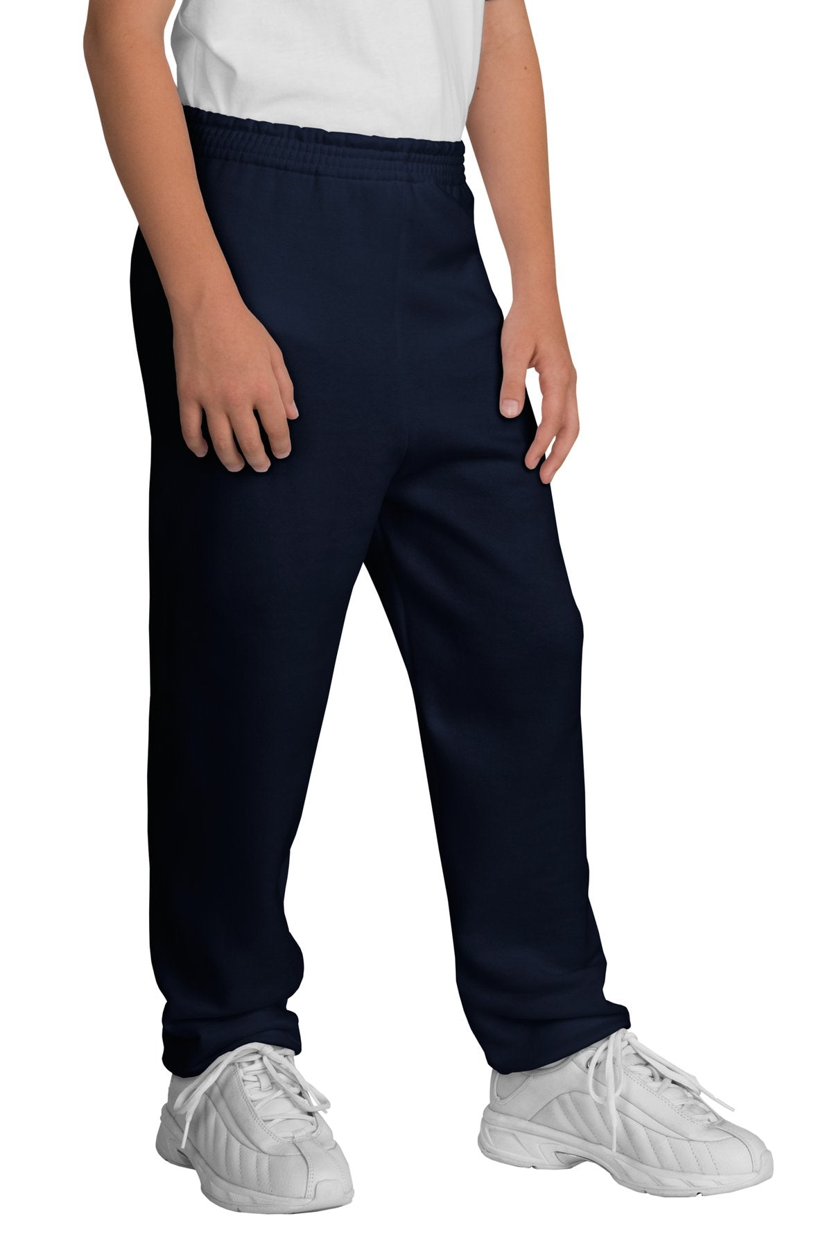 Navy blue pants worn by a person on a white background