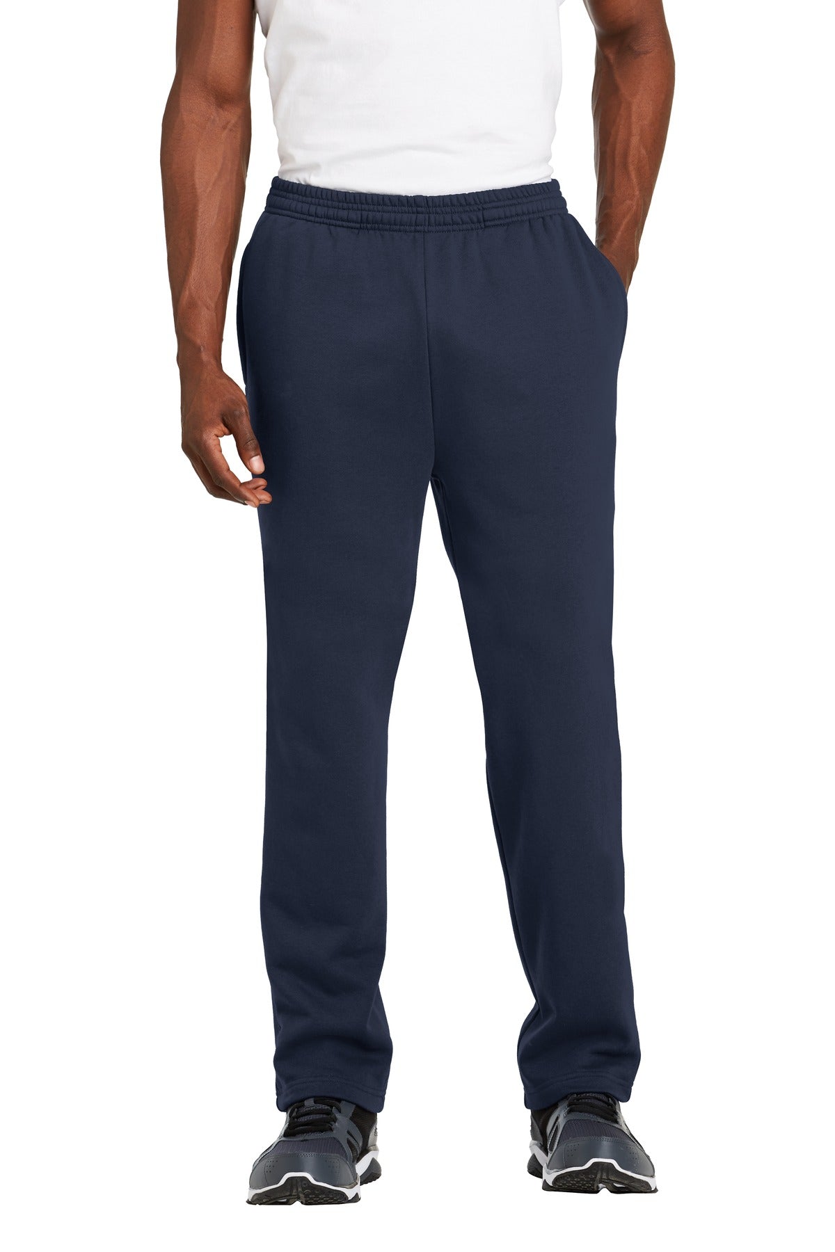 Person wearing navy blue pants on a white background