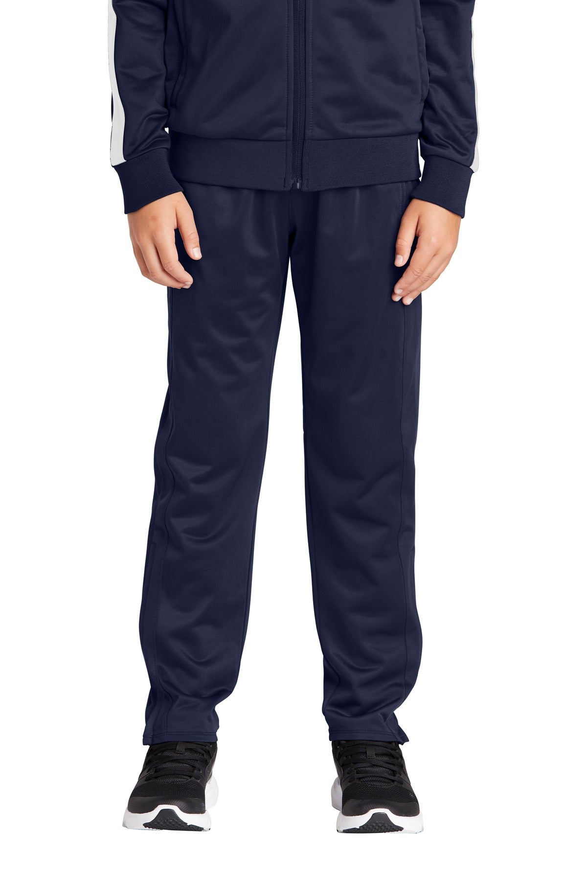 Navy tracksuit worn by a person on a white background