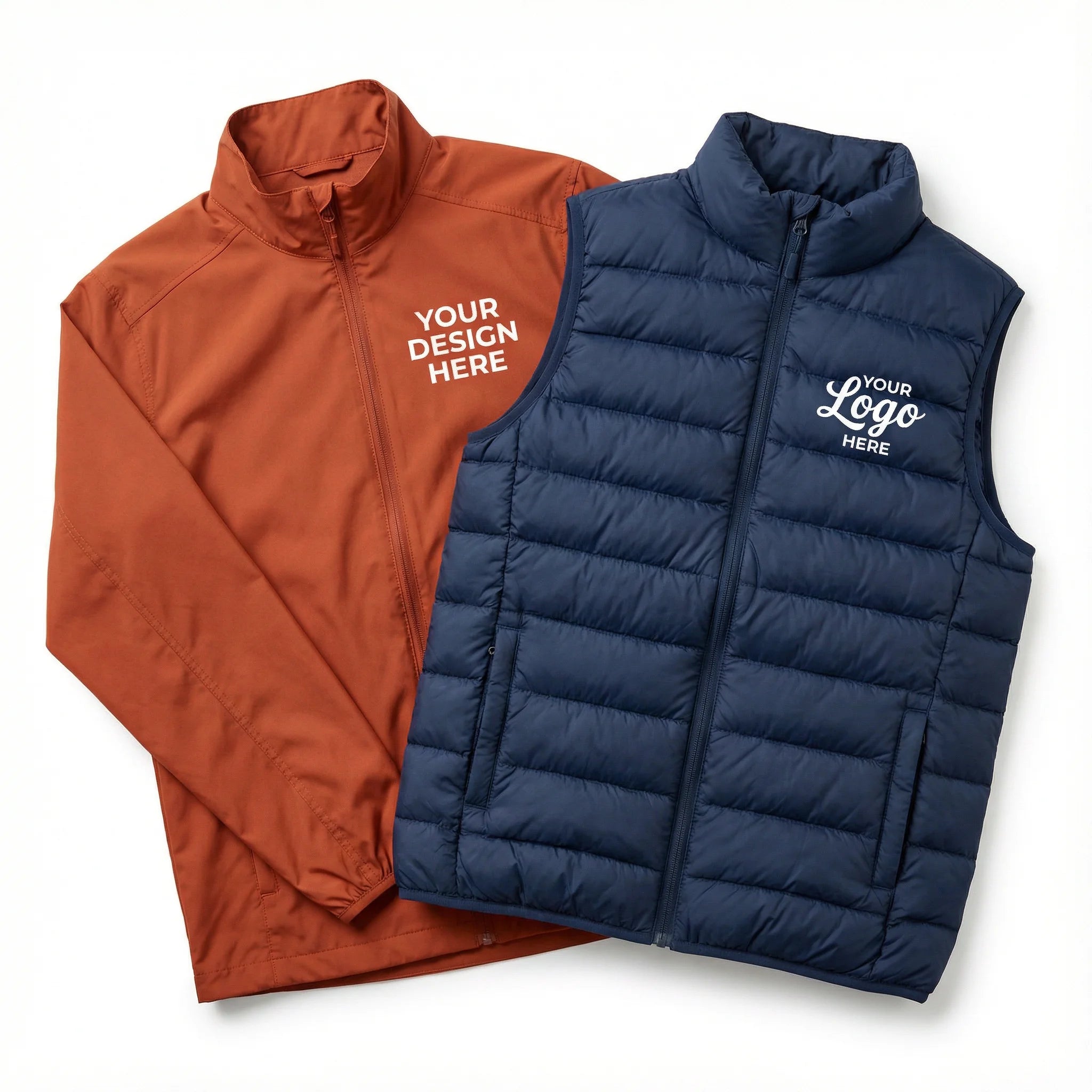 Orange jacket and blue puffer vest with customizable text on a white background