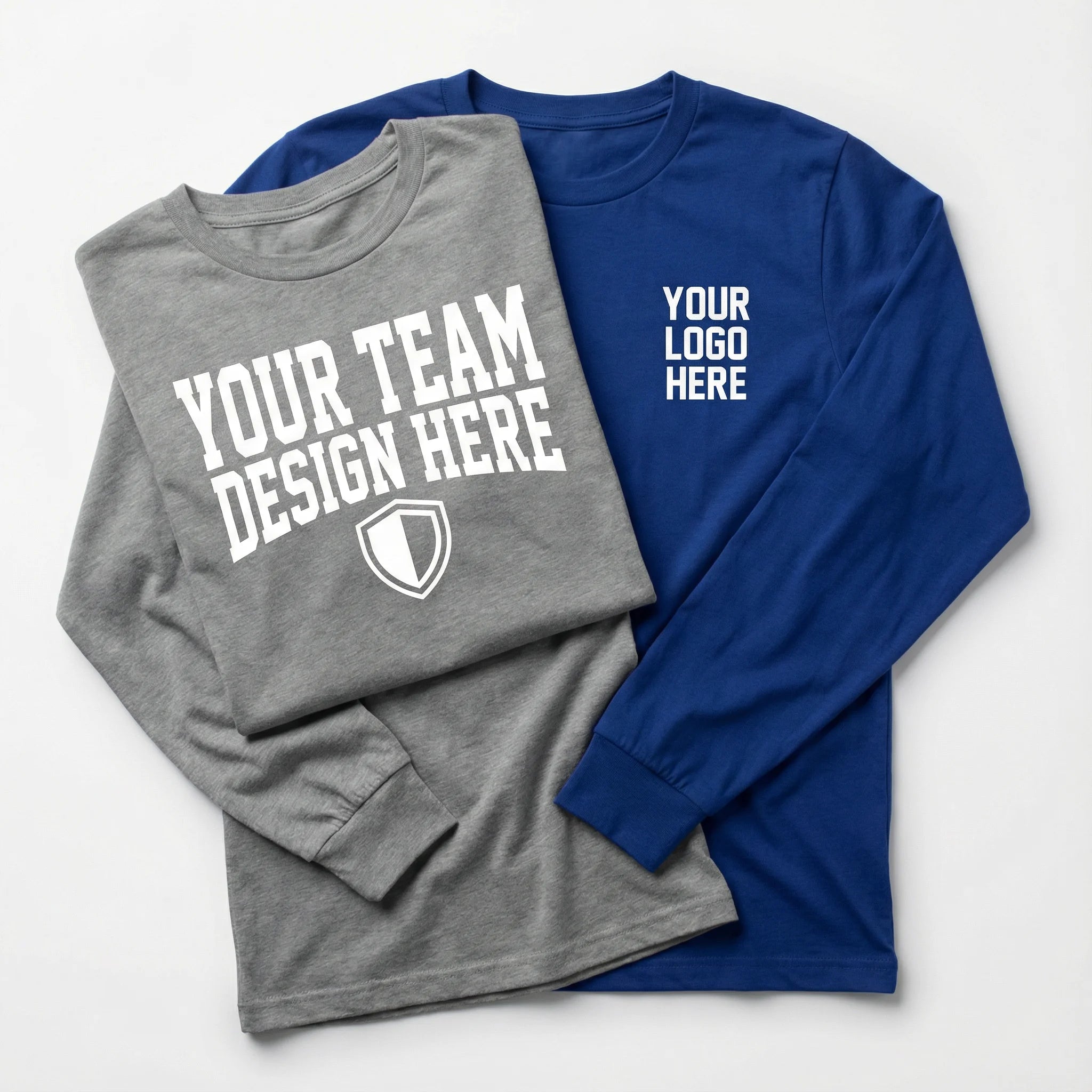 Gray and blue long-sleeve shirts with customizable text and logo areas on a white background